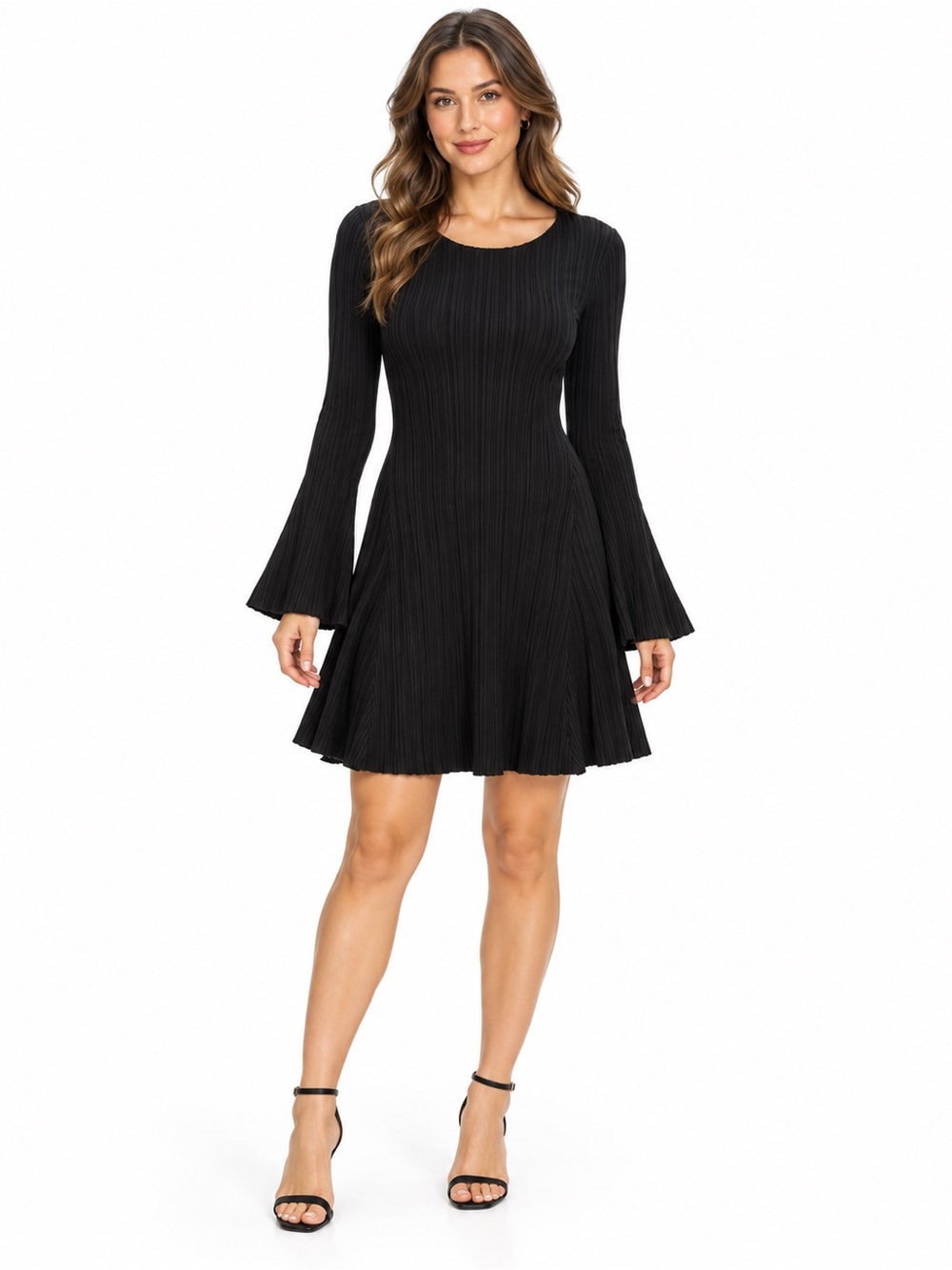Elan Black Ribbed Knit Fit & Flare Bell Sleeve Dress Size L NWT